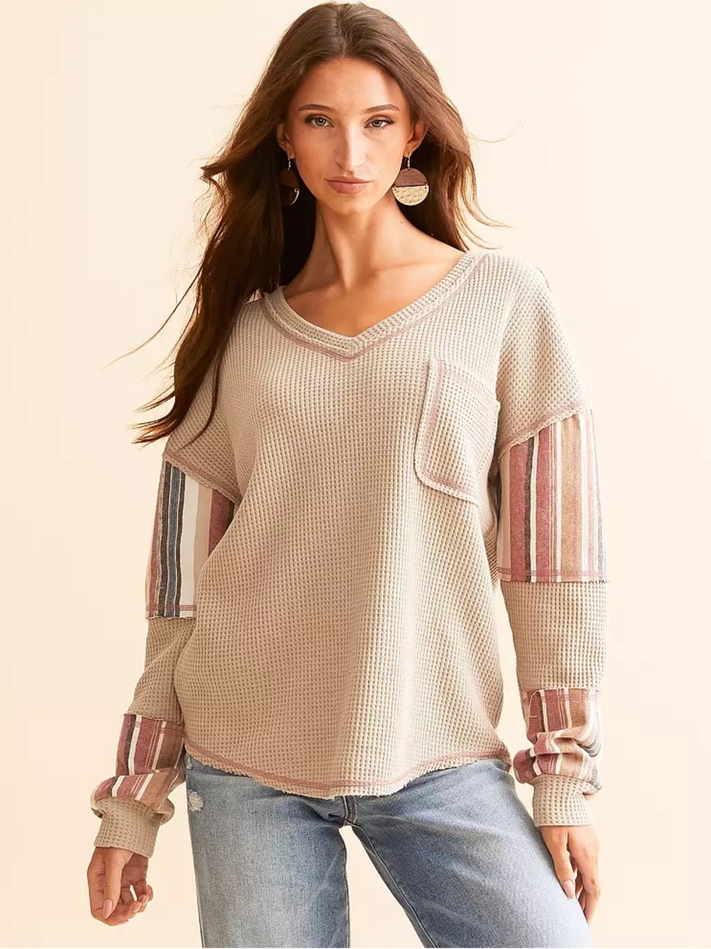 Buckle Relaxed V-Neck Waffle Knit Sweater with Striped Sleeve Panels - Taupe